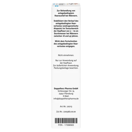 Abbildung der Produktverpackung DoppelherzPharma Minoxidil DoppelherzPharma 50 mg/ml Lösung zur Anwendung auf der Haut (Kopfhaut)  Seitenansicht rechts